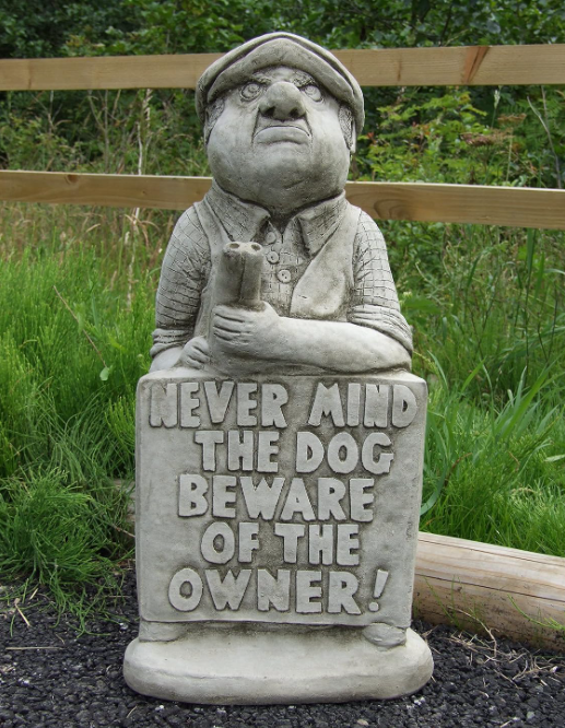 GUN MAN - NEVER MIND THE DOG BEWARE OF THE OWNER! - DETAILED CAST STONE