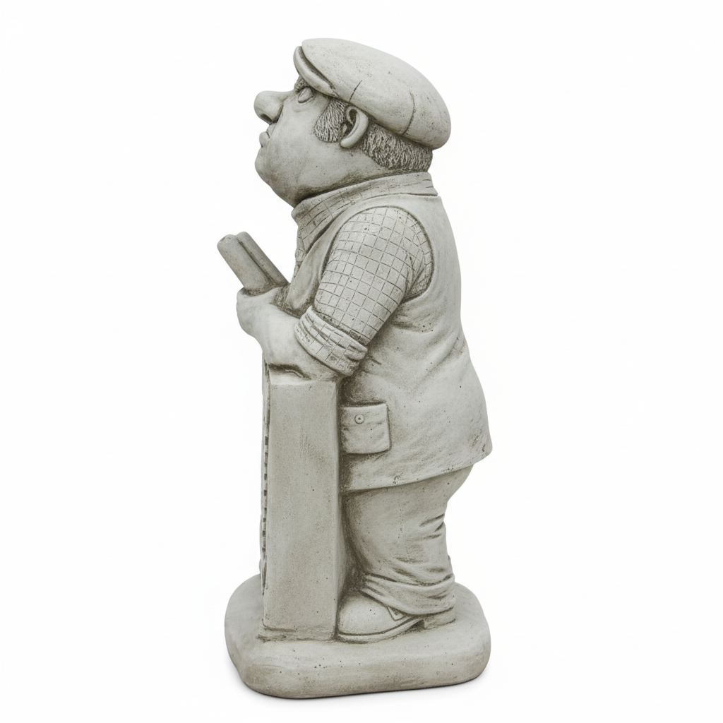 Funny garden statue side view showing character and sign