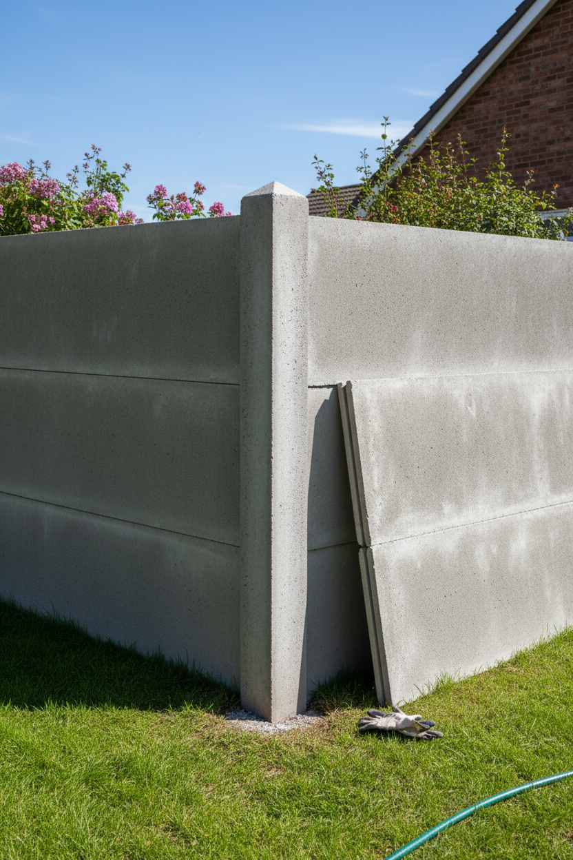 Concrete fence post installed supporting fence panel