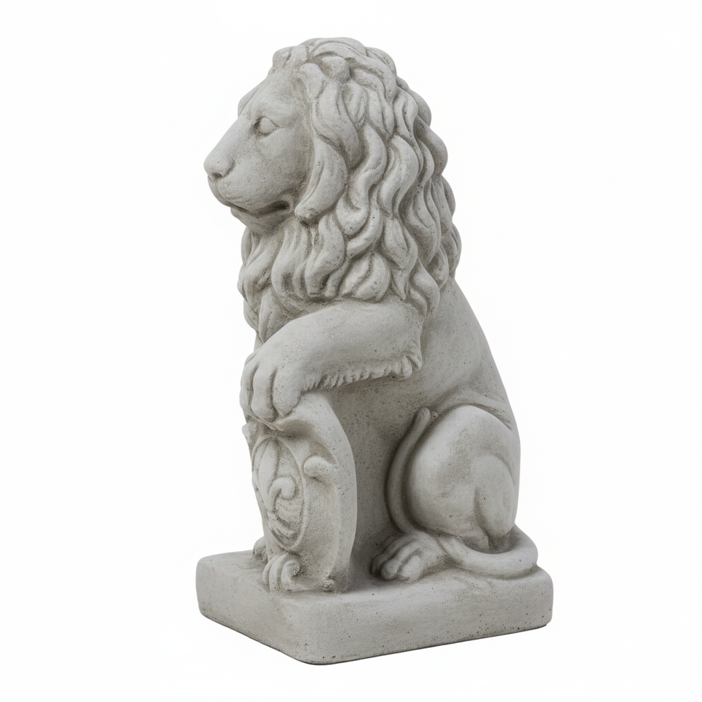 Decorative lion statue side view showing shield emblem