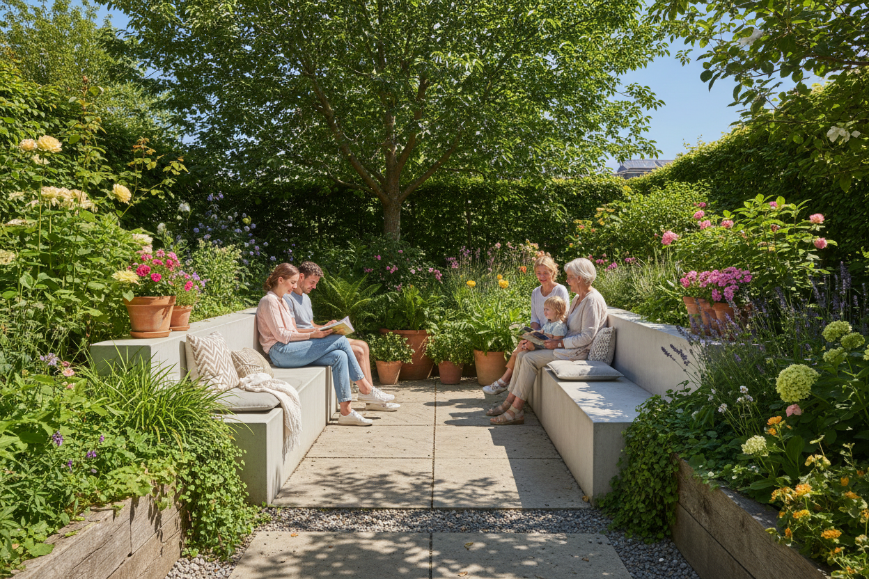 Concrete slabs used as garden bench seating in residential garden