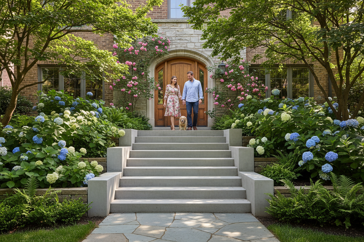Concrete steps installed at residential garden entrance