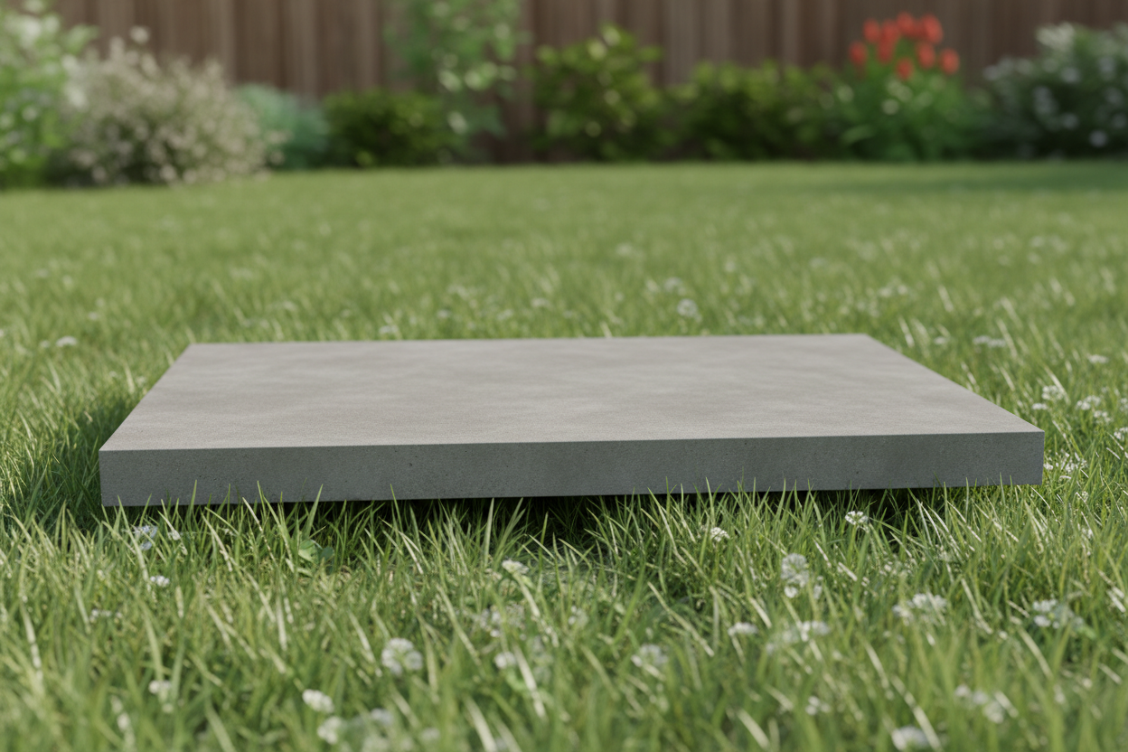 Concrete garden slab on grass in garden setting