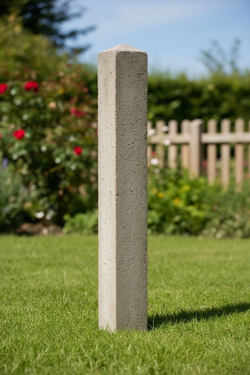 Concrete fence post standing upright in garden