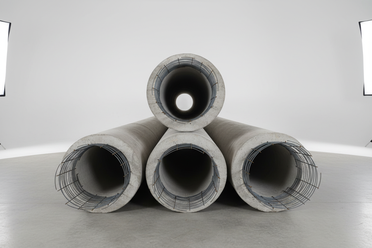 Reinforced concrete utility poles stacked horizontally showing steel reinforcement