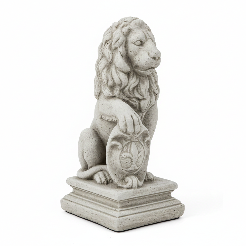 Decorative lion statue detail view of shield and base