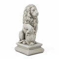Decorative lion statue detail view of shield and base