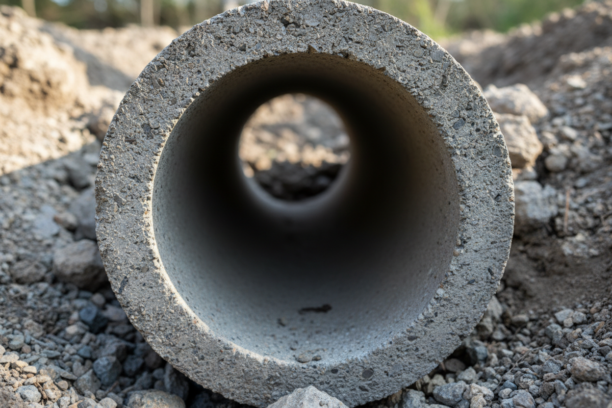 Concrete pipe end-on view showing hollow interior and wall thickness