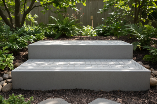 Single concrete outdoor step in garden setting