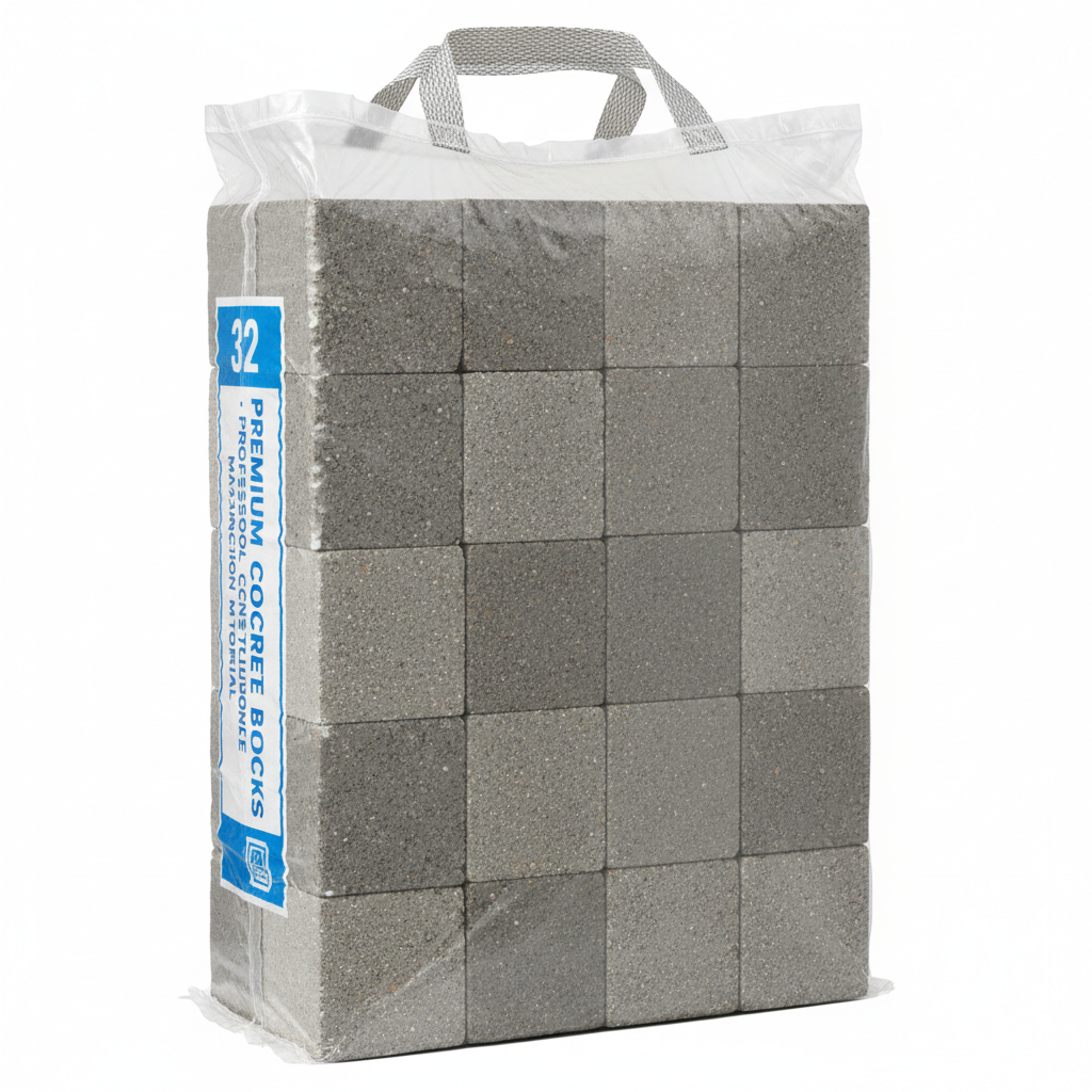 Bag of 32 concrete blocks on white background