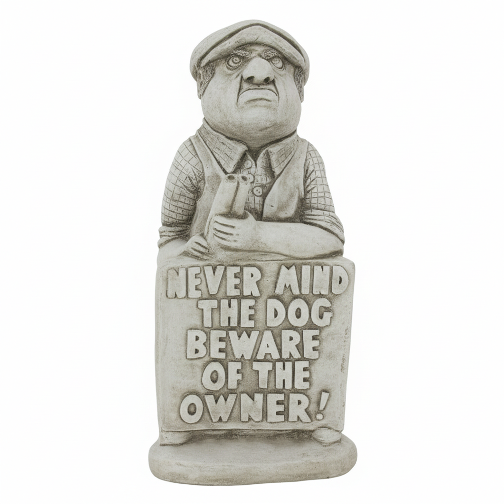 Close-up of humorous statue face and cap details