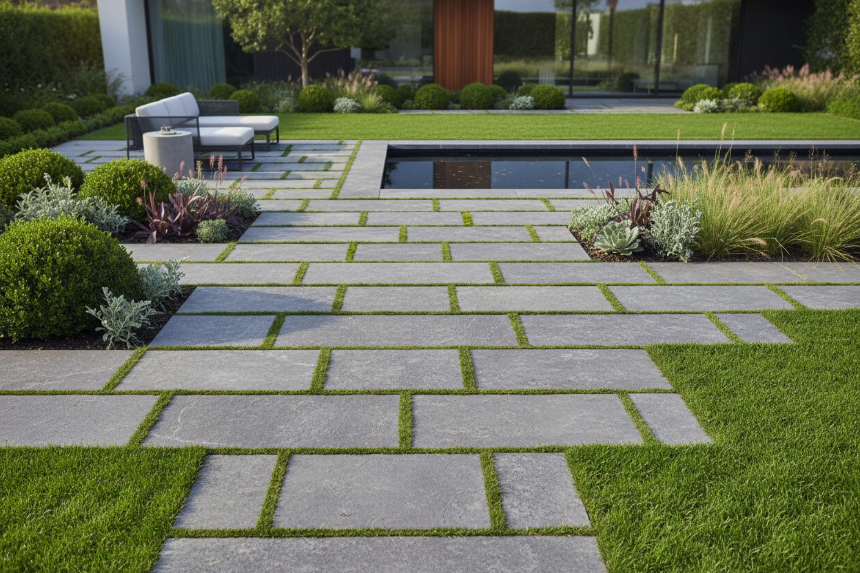 Outdoor garden patio tiles laid in a garden setting