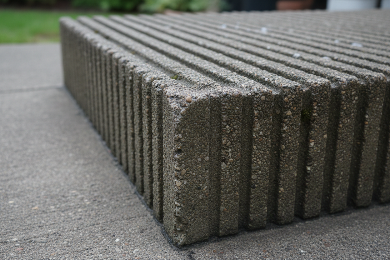 Close-up of non-slip ribbed tread surface on concrete step