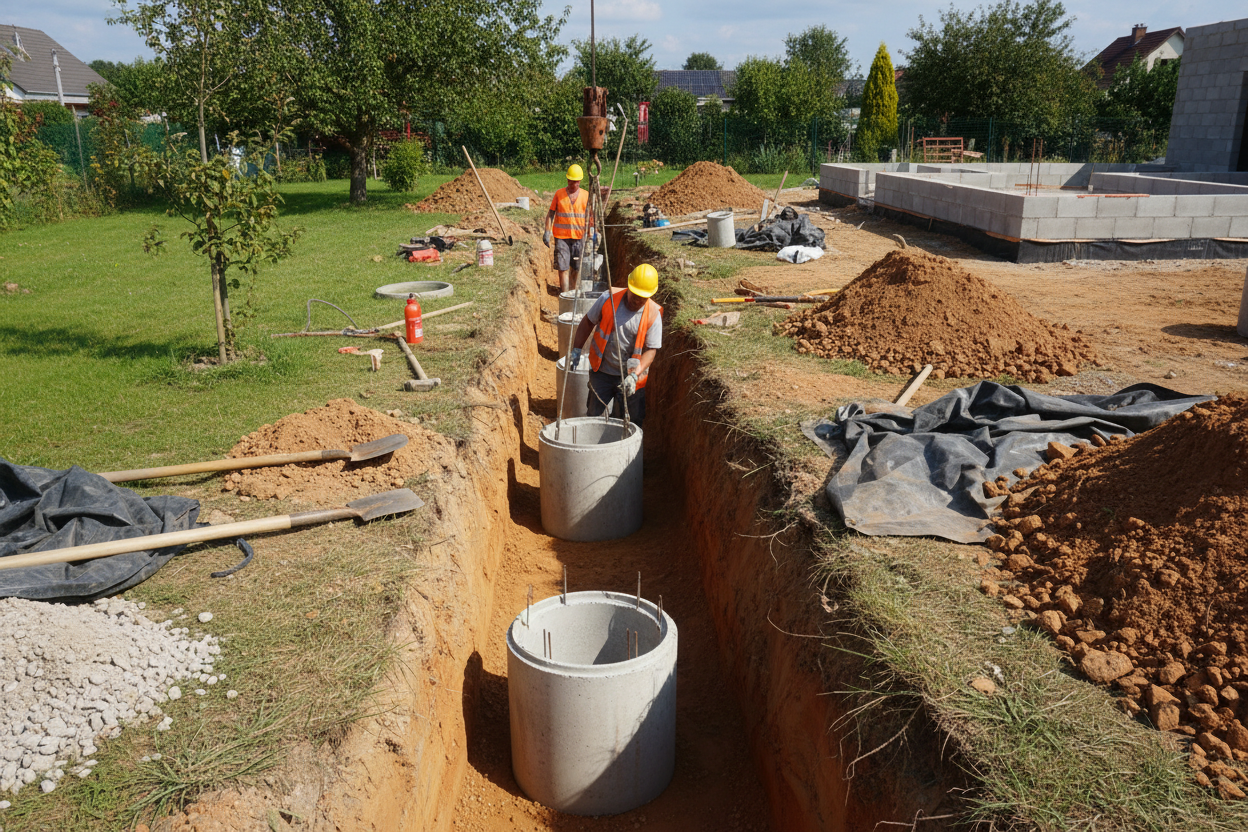 Small concrete sewerage pipe being laid in a trench